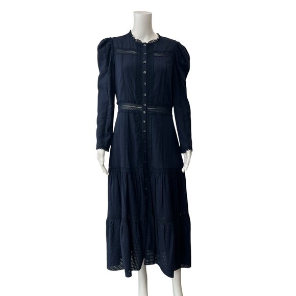 $375 NWT La Vie Blue Midnight Navy Ribbon Embroidered LS Dress size Medium - Picture 1 of 9